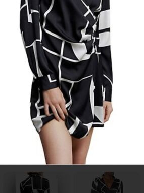 Mango Black & White "Zelda" Geometric Satin Long-Sleeve Mini Dress (Size Medium)